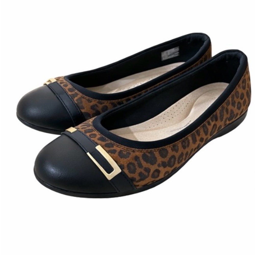 Clarks Leopard Print Flats with Black and Gold Accents
